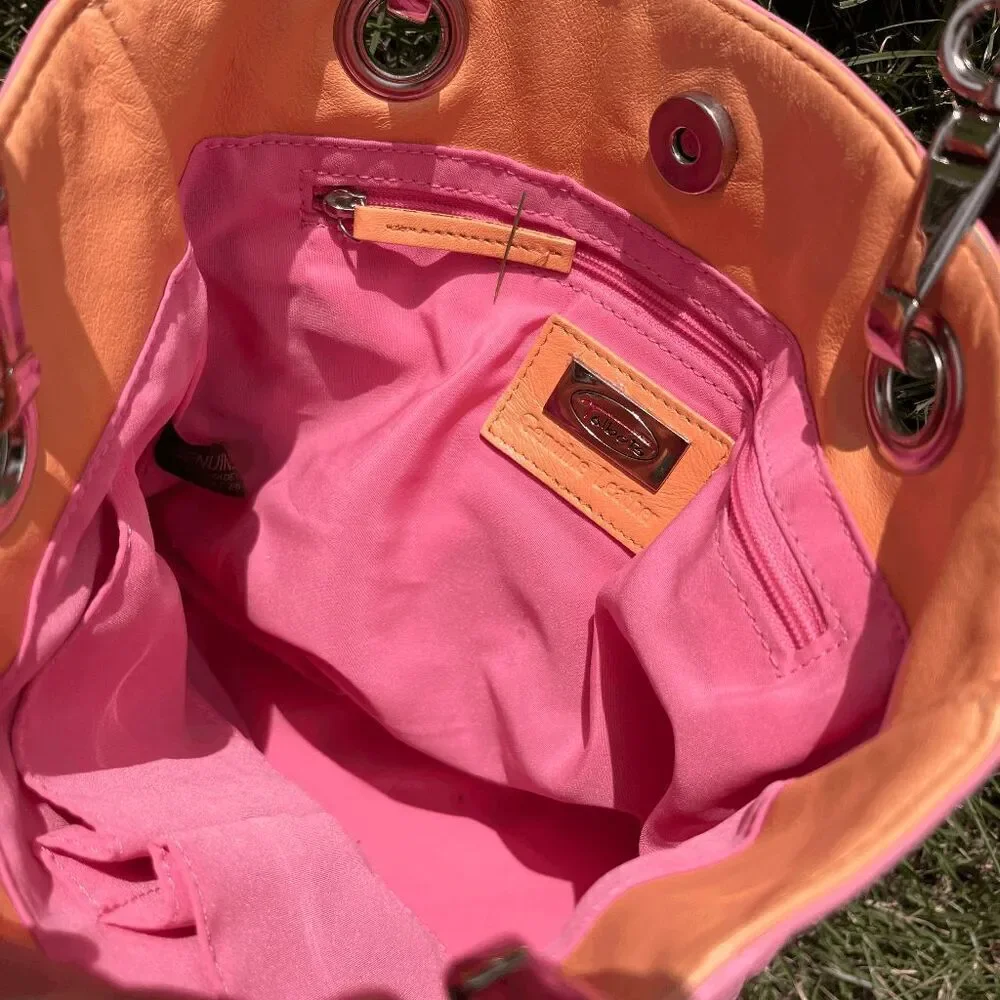 Talbots Y2K Pink Leather Tote Bag w/ Orange Handles Pastel Retro Shoulder Purse - Picture 5 of 7